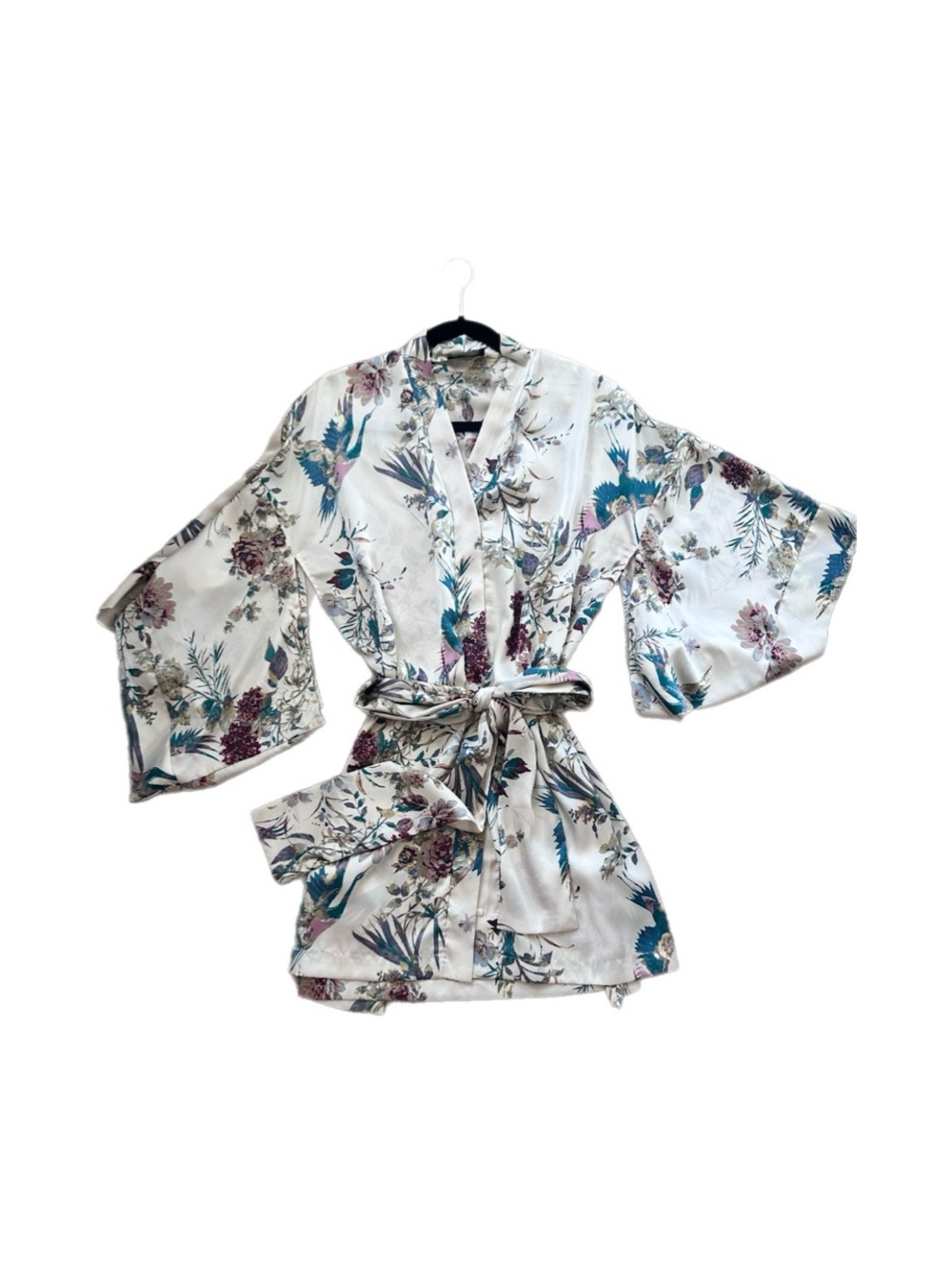 Dress Forum Floral Satin Kimono Robe in Ivory with Teal and Mauve